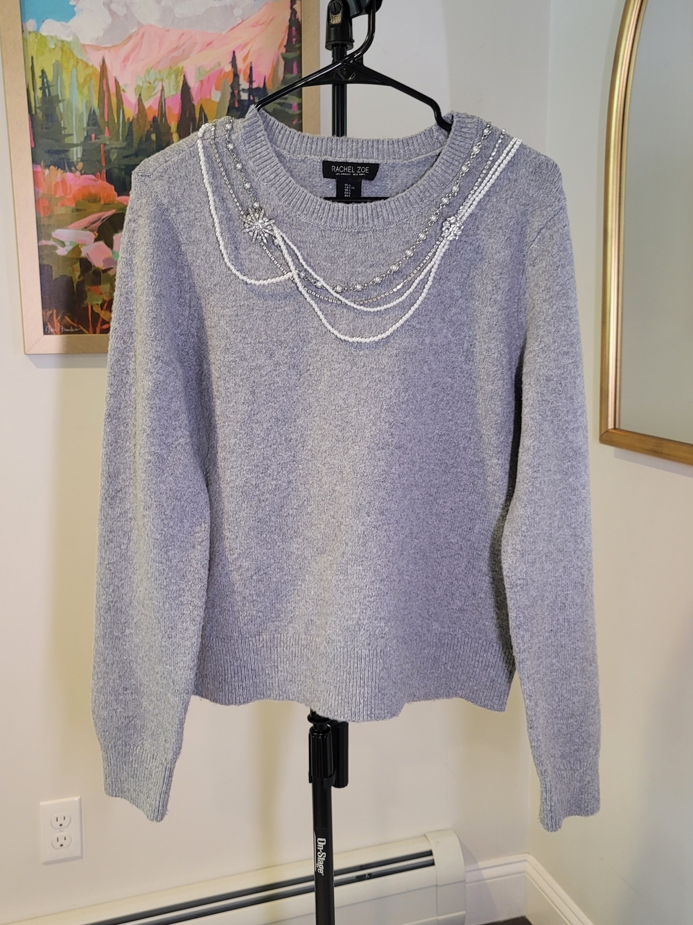 RACHEL ZOE Grey with Pearl Chain Embellishment Sweater Women's Size L
